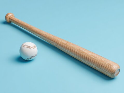 baseball bat and ball isolated on a light blue background