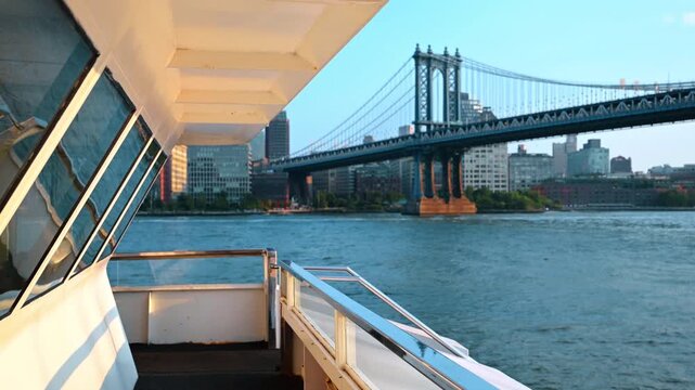 Boat deck perspective of Manhattan Bridge and New York skyline. Wide angle view from a vessel showing bridge structure and urban buildings under clear blue sky.