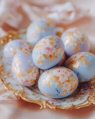 Fototapeta premium Luxurious pastel eggs with intricate gold leaf vines arranged on an ornate plate, surrounded by soft fabric, ideal for Easter celebrations or decorative displays