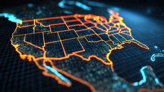 Digital grid covers a map of the United States using red and blue tones for analysis of policy and regional data trends over time.