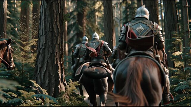 Medieval knights on horseback journeying through lush forest path during an adventurous quest