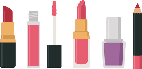 Set of cosmetic makeup products lipstick lip gloss mascara nail polish and lip liner vector illustration
