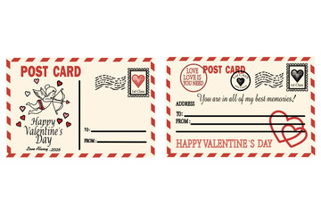 Romantic vintage style Valentine postcard template featuring cupid illustration, hearts, and classic postage stamp elements. Perfect for Valentine's Day greeting cards, love letters, romantic messages © MdJubayer