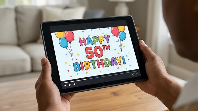 Person Viewing 50th Birthday Message on Tablet.
