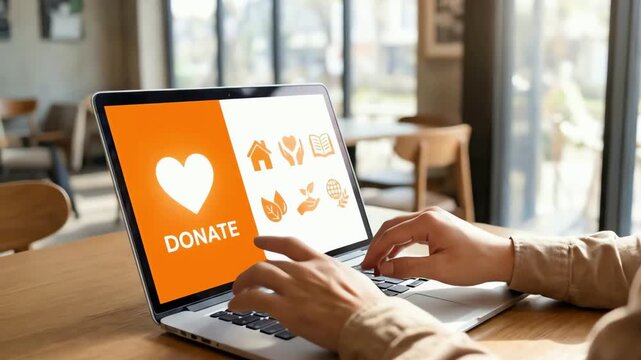 Person's hands using a laptop to make an online contribution on a donation website in a bright cafe setting.
