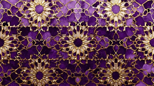 Intricate purple and gold geometric mosaic design repeats across a luxurious textile surface