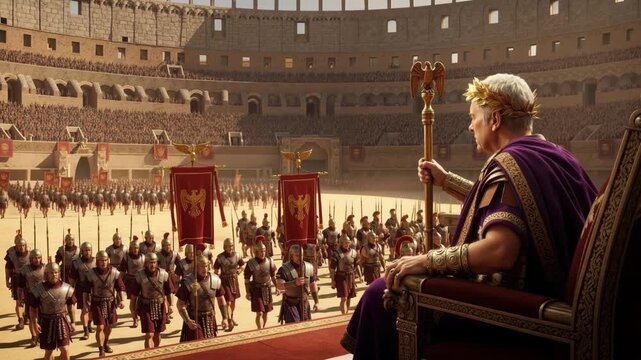 Roman Emperor sitting on a throne overlooking an army of legionaries in the amphitheatre. Ancient Rome ruler watching soldiers in formation. Historical empire concept
