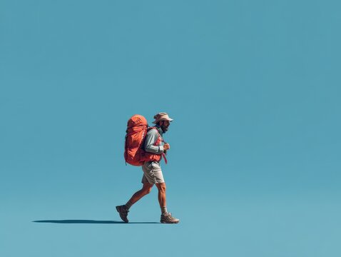trail runner with backpack isolated on a light blue background