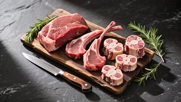 Primal carnivore feast flatlay with raw beef cuts, lamb chops and marrow bones on dark slate with butcher knife and rosemary
