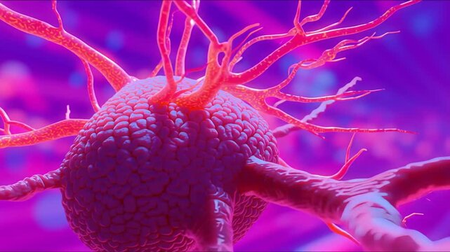 Conceptual cancer cell or neuron like biological cell, microscopic medical illustration
