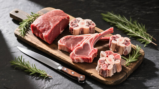 Primal carnivore feast flatlay with raw beef cuts, lamb chops and marrow bones on dark slate with butcher knife and rosemary
