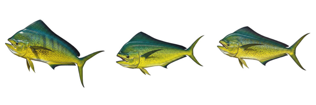 Set of mahi mahi fish dolphin fish common dolphinfish sea animal on transparent background png