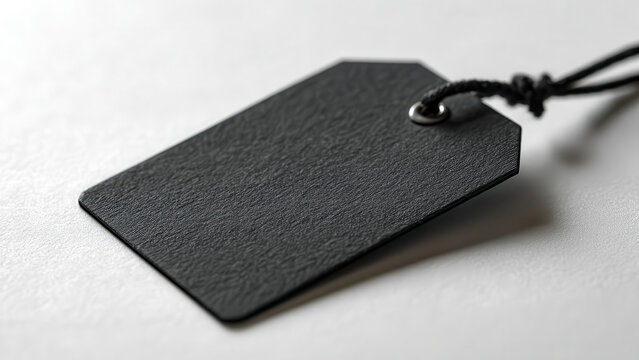A blank black price tag with a string, ready for custom branding or product information on a white textured background.