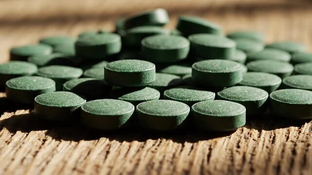 Green healthy pills on rustic wooden surface close up