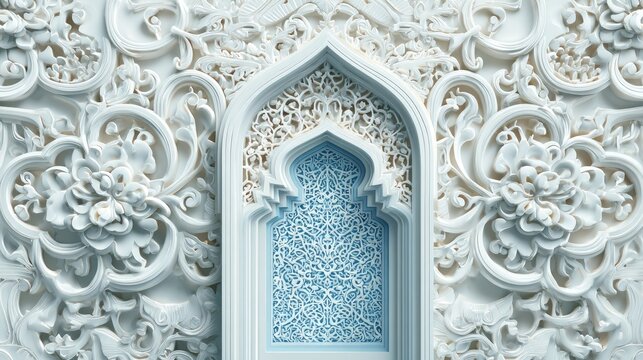 Intricate white architectural bas-relief carving displays detailed floral patterns surrounding a central arched niche