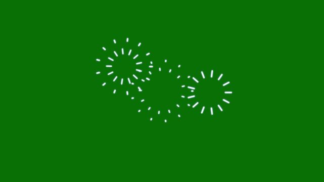 Celebration firework circle burst cartoon animation with white line, flat, vector explosions motion effects, and glowing geometric spark blast on transparent green background in 4k loop video