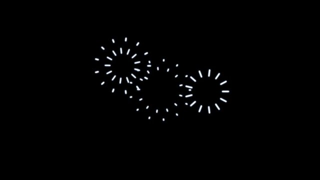 Celebration firework circle burst cartoon animation with white line, flat, vector explosions motion effects, and glowing geometric spark blast on transparent black background in 4k loop video