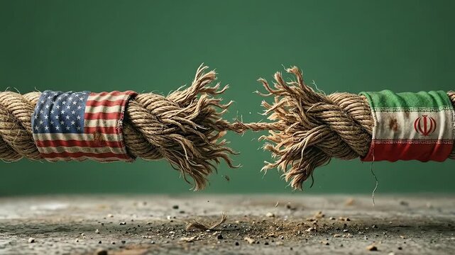 Symbolic breaking of a rope representing escalating political tension and conflict between two nations, conceptual image.