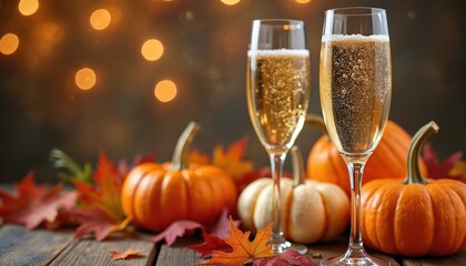 Obraz premium Two glasses of champagne sparkle near pumpkins and autumn leaves. Warm bokeh lights create festive atmosphere for holiday celebration. Perfect for Thanksgiving or fall party.
