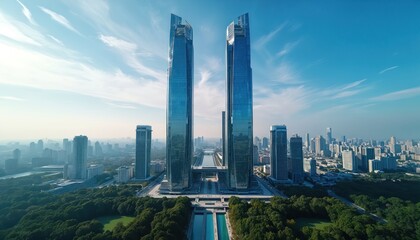 Obraz premium Two glass skyscrapers stand tall in modern city. Buildings surround green park and body of water. Urban landscape extends to horizon under blue sky with clouds. Development and progress are evident.