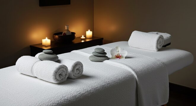 A serene spa scene with massage beds, towels, and candles in a peaceful environment