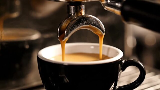 Hyper-realistic 4K macro commercial footage of rich espresso pouring from portafilter into small cup forming thick golden crema layer, dramatic studio lighting reflecting on stainless steel surface, 