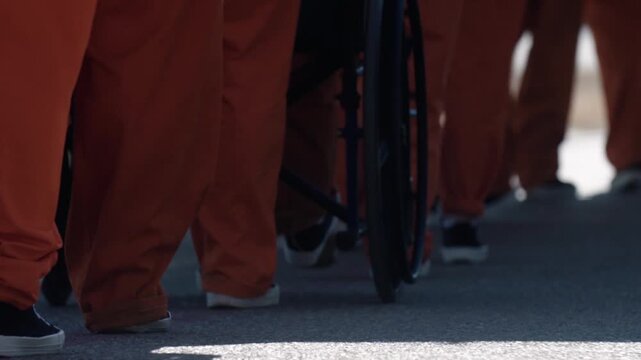 Low angle view of prisoners in orange jumpsuits, one in a wheelchair, walking in the prison yard