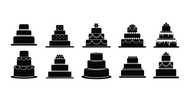 Collection of black silhouette tiered cakes in varying designs and heights