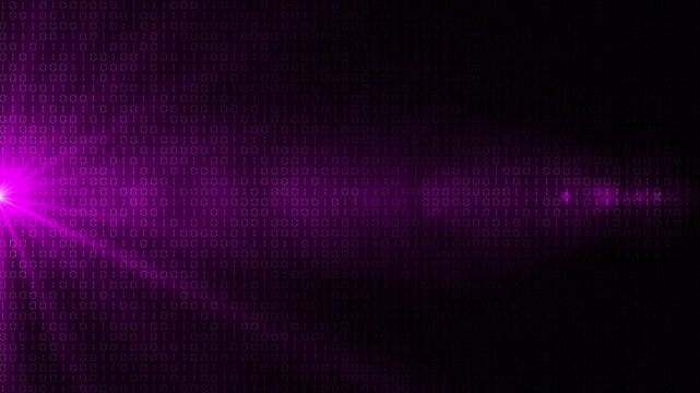 Pink color random numbers binary code with optical flair rays hi tech design loopable black technology background
