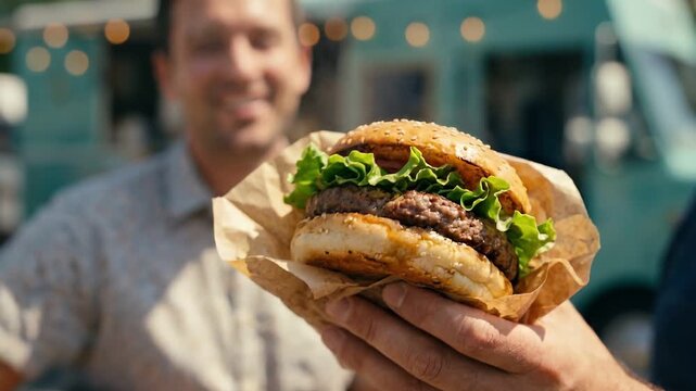 Happy Man Receive Delicious Burger from Food Truck