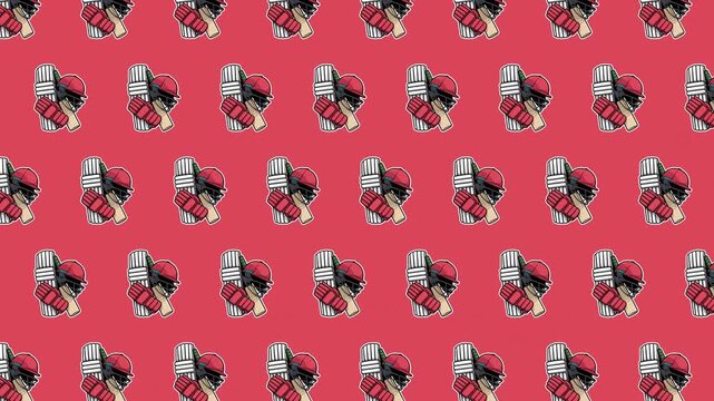 Seamless Animated Cricket Equipment Pattern Background with Bat, Helmet and Gloves Icons, Loopable Sports Symbol Repeat Vector Illustration for Cricket Tournament, Stadium Fans and Game Design