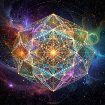Merkabah structure with vertex light points. Background features space nebula and stars. Asset for meditation and spirituality theme. Symmetry geometry pattern for digital backdrop.