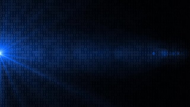 Royal blue color random numbers binary code with optical flair rays hi tech design loopable black technology background