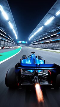 Racing car speeding on track at night