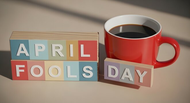 Colorful blocks spelling April Fools Day with coffee cup