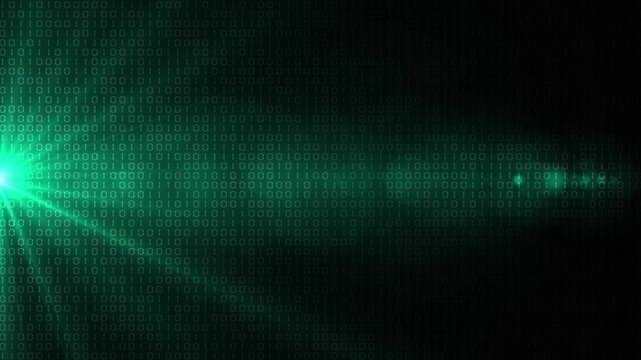 Turquoise color random numbers binary code with optical flair rays hi tech design loopable black technology background