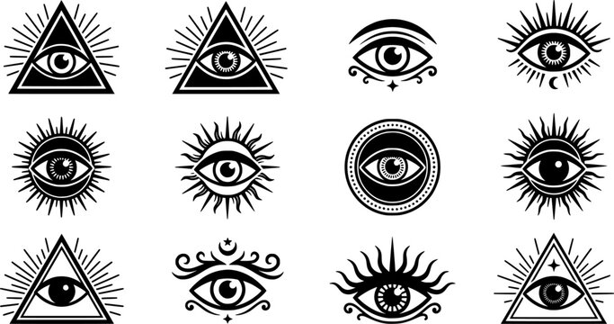 All seeing eye vector set mystical occult symbols black and white line art
