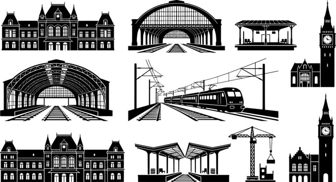 A collection of stylized black and white silhouettes of railway stations and trains
