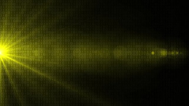 Yellow color random numbers binary code with optical flair rays hi tech design loopable black technology background