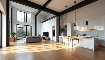 Obraz premium Spacious open concept living area with high ceilings and exposed black beams. Modern white kitchen with island, bar stools, and integrated appliances. Large windows overlook garden.