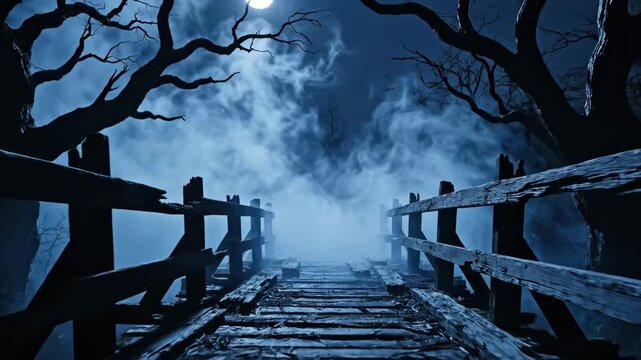 old broken wooden bridge leading into thick fog in night forest. spooky landscape with bare trees and full moon. haunted path in mist. horror background. halloween mystery atmosphere.