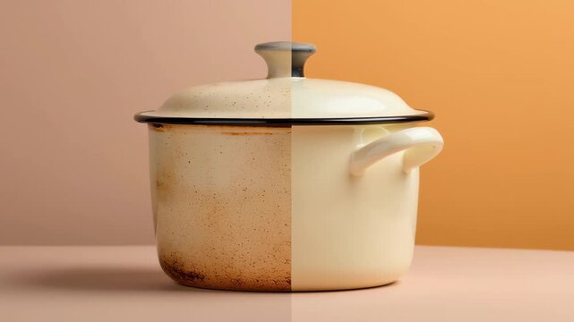 Enamel cooking pot with visible rust on one side and pristine condition on the other, showcasing a clear contrast against a warm orange background