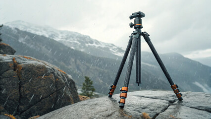 Professional carbon fiber camera tripod stands securely positioned on wet outdoor rock overlooking snowy mountain landscape during rainfall.