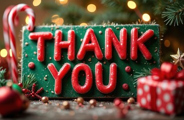Obraz premium Festive holiday message says Thank You with red candy letters on green board. Christmas decorations like candy canes, baubles and gift box surround message.