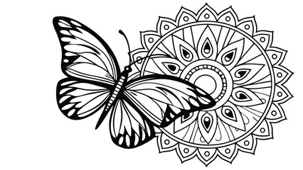 Fototapeta premium Butterfly mandala coloring page with layered circular black and white line layered