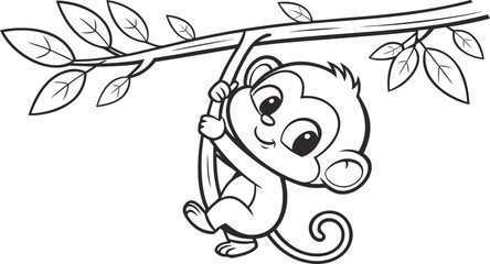 Cute baby monkey hanging from tree branch with leaves © SnappyDesigns