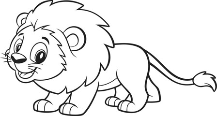 Cute baby lion coloring page with big fluffy mane cartoon lion black and white © SnappyDesigns