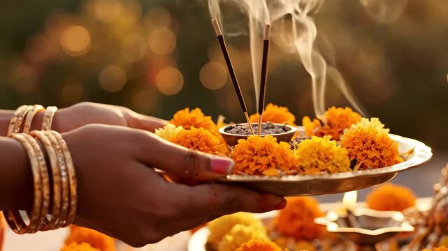 indian woman hands holding brass plate with marigold flowers and burning incense sticks. traditional hindu prayer ceremony puja. religious worship, spiritual ritual, diwali festival celebration.