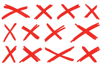 Obraz premium Hand drawn brush stroke cross mark set. Hand drawn Doodle cross, ban, refusal. Marker sketch. Strikethrough text and important objects. Stock vector illustration isolated on white background.