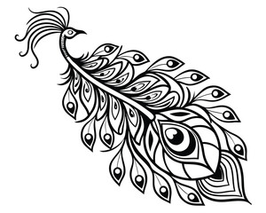 Fototapeta premium Peacock feather mandala in black and white coloring page line intricate feather pattern